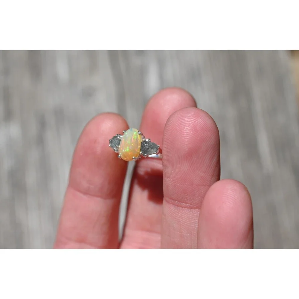 Engagement ring Radiant Opal & Montana Sapphire Ring in Sterling Silver – Unique